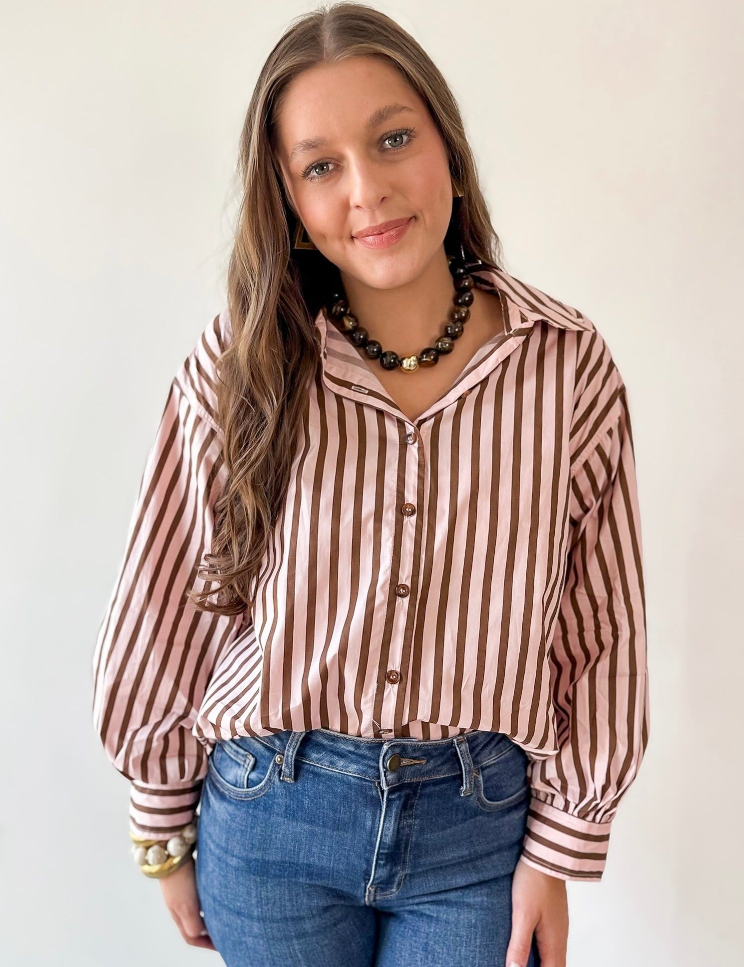 Long Sleeved Striped Shirt -Pink-Brown