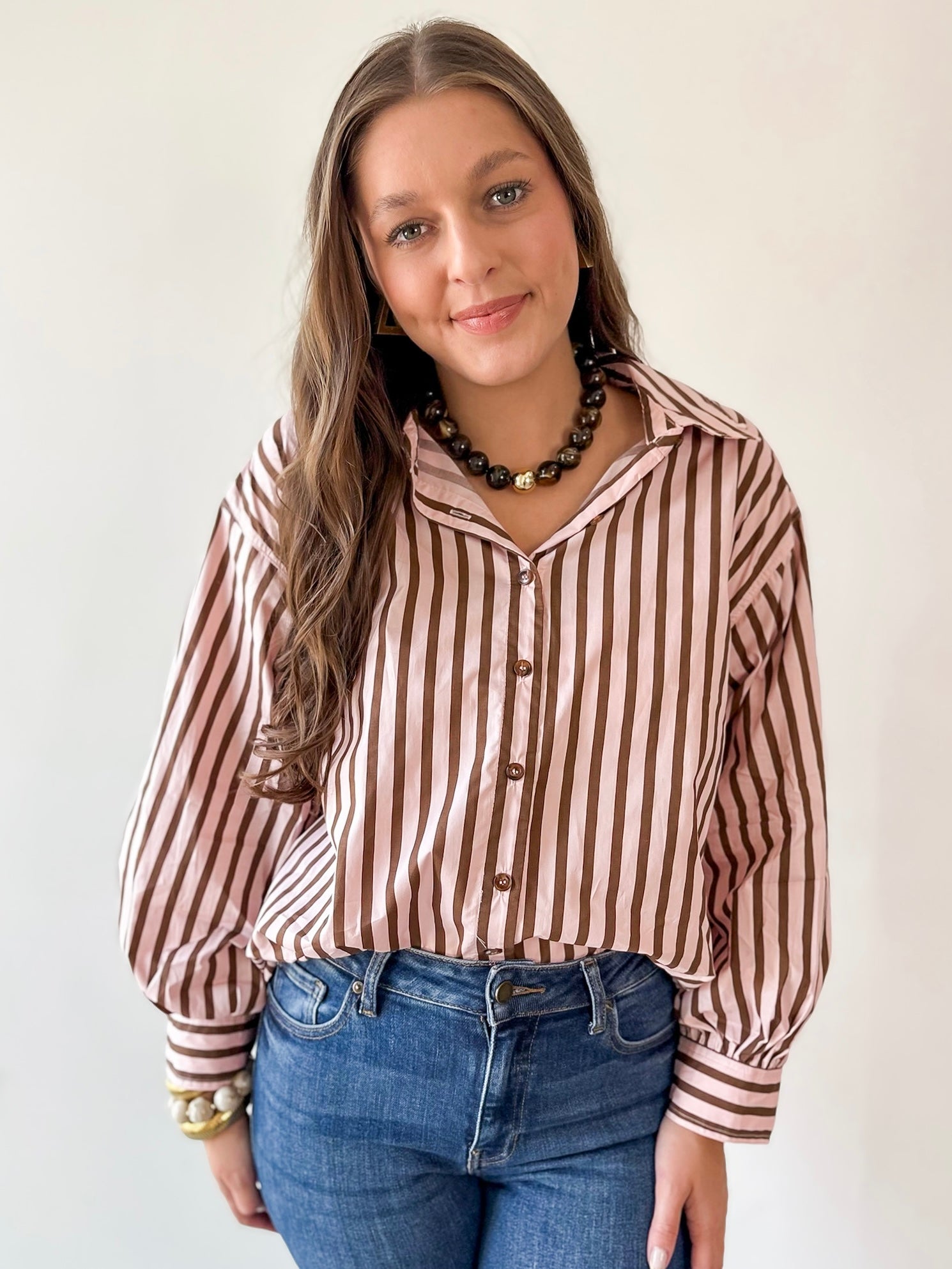 Long Sleeved Striped Shirt -Pink-Brown