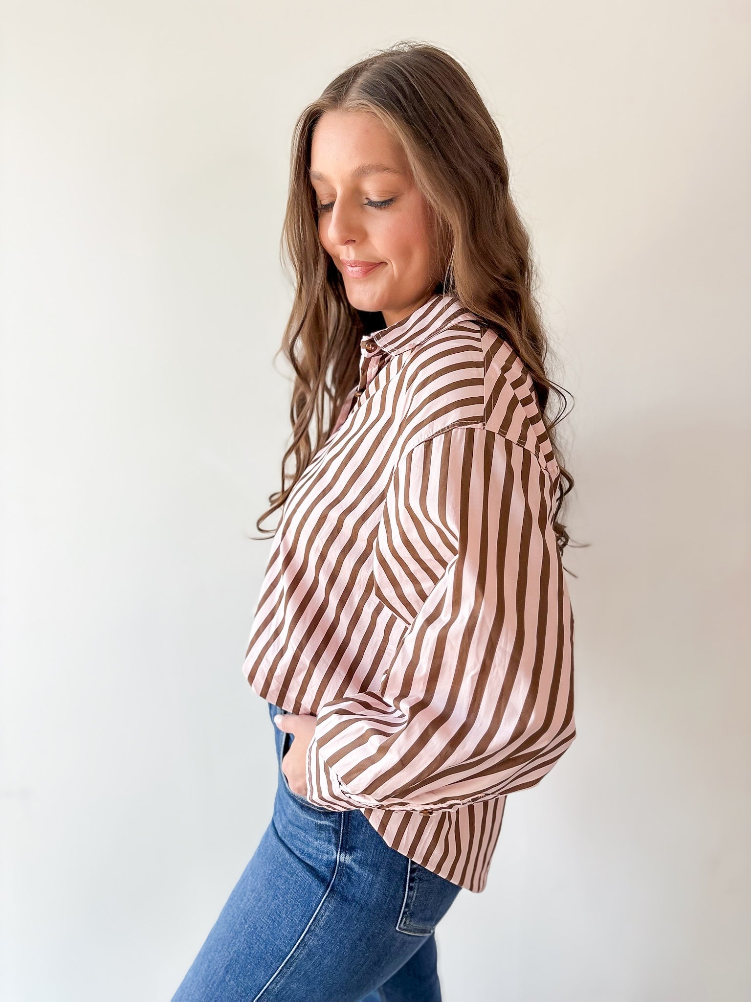Long Sleeved Striped Shirt -Pink-Brown