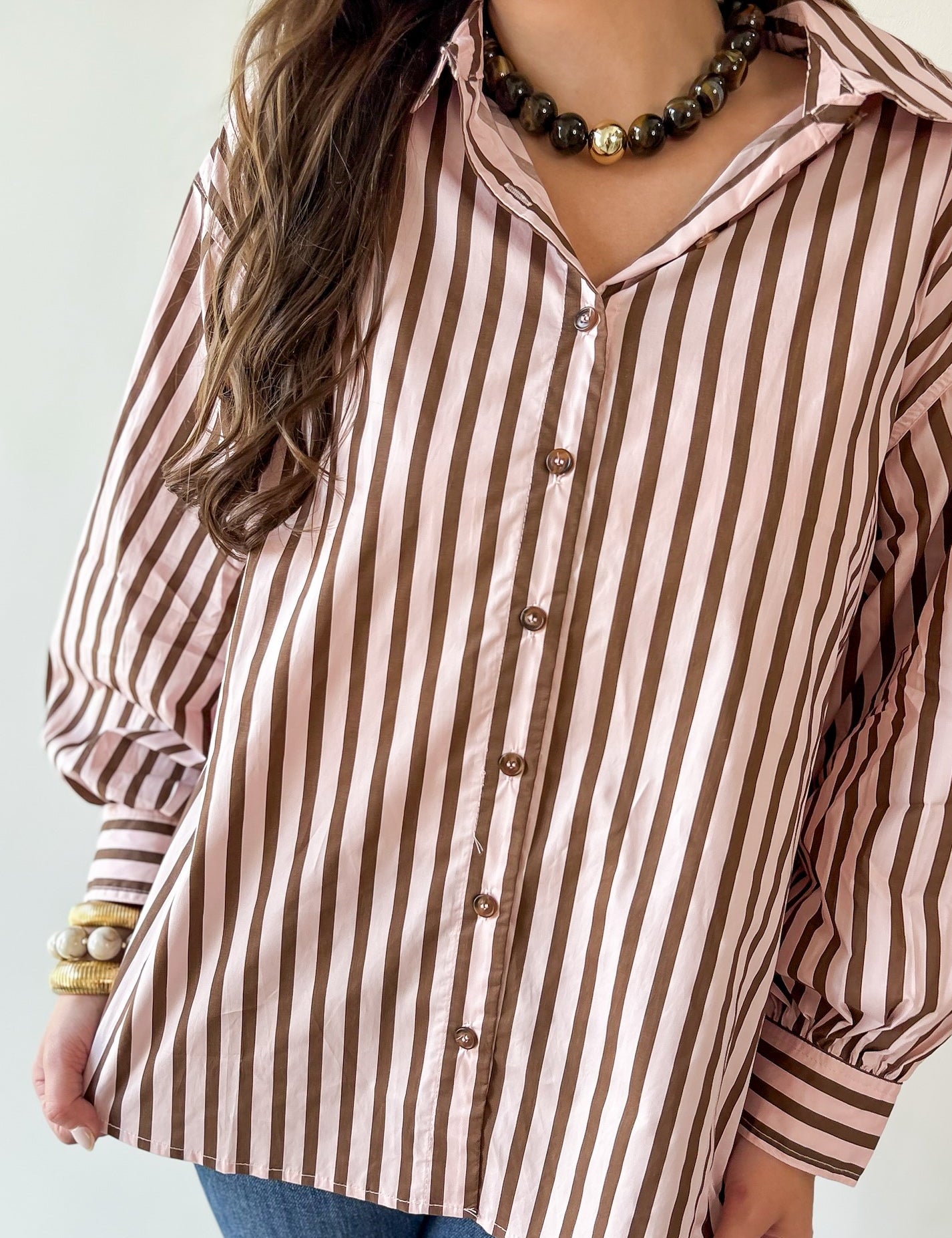 Long Sleeved Striped Shirt -Pink-Brown