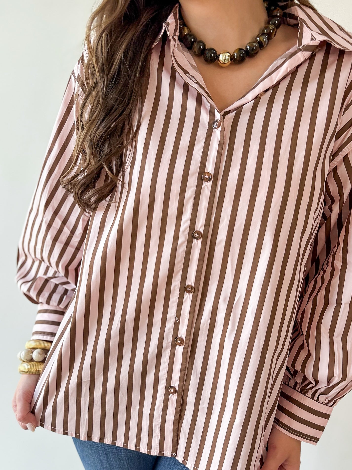 Long Sleeved Striped Shirt -Pink-Brown