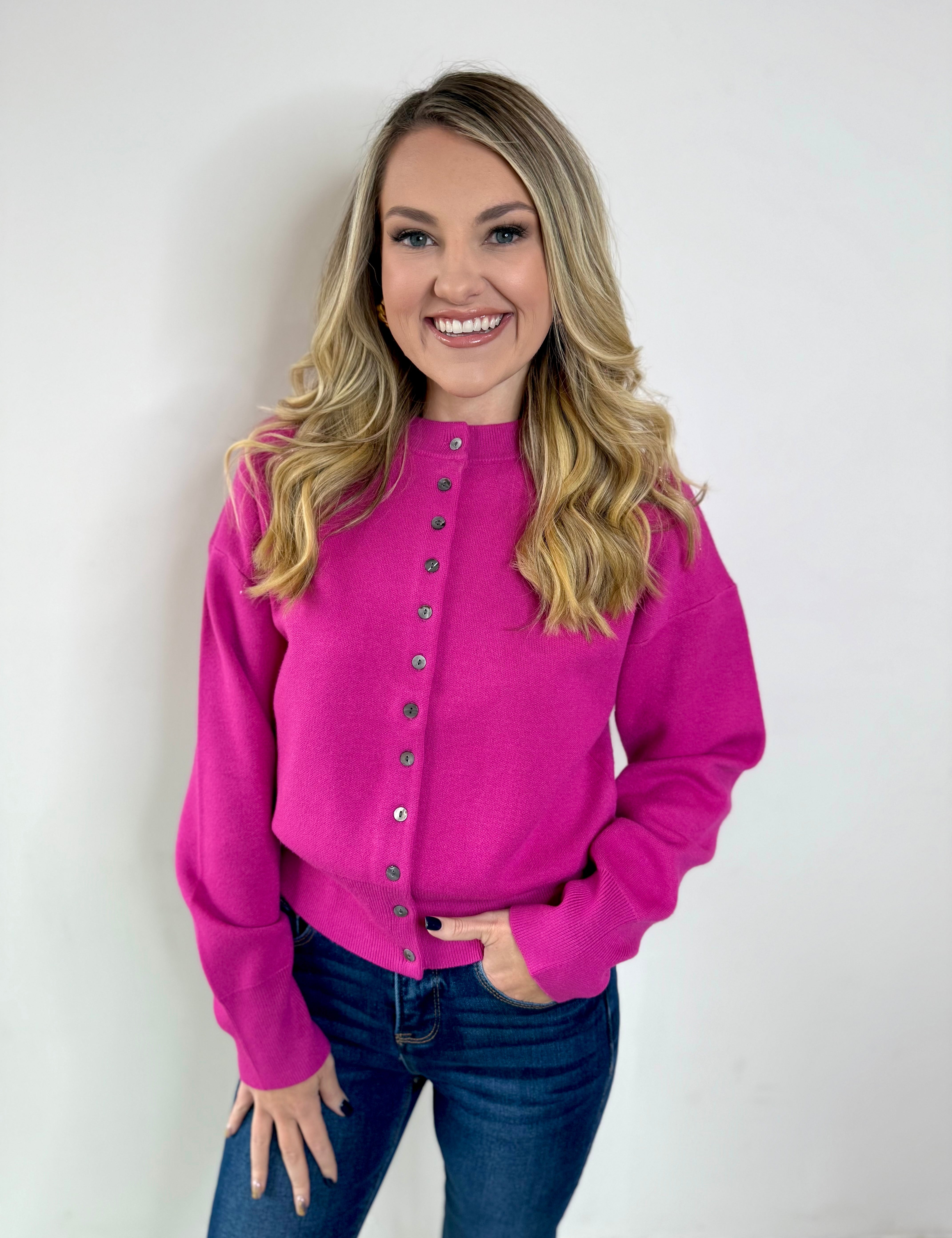 Maggie Round Neck Cardigan - Magenta