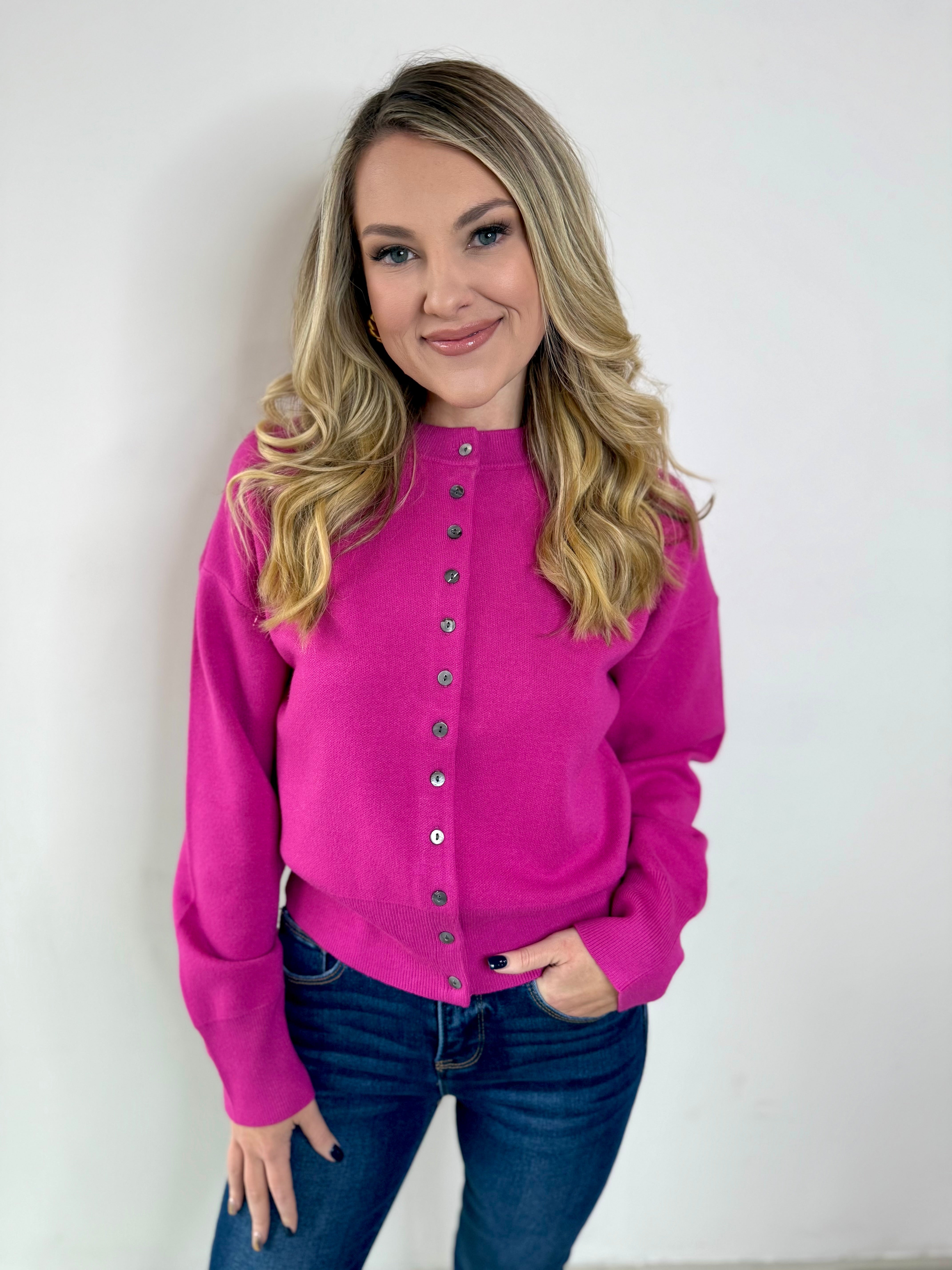 Maggie Round Neck Cardigan - Magenta