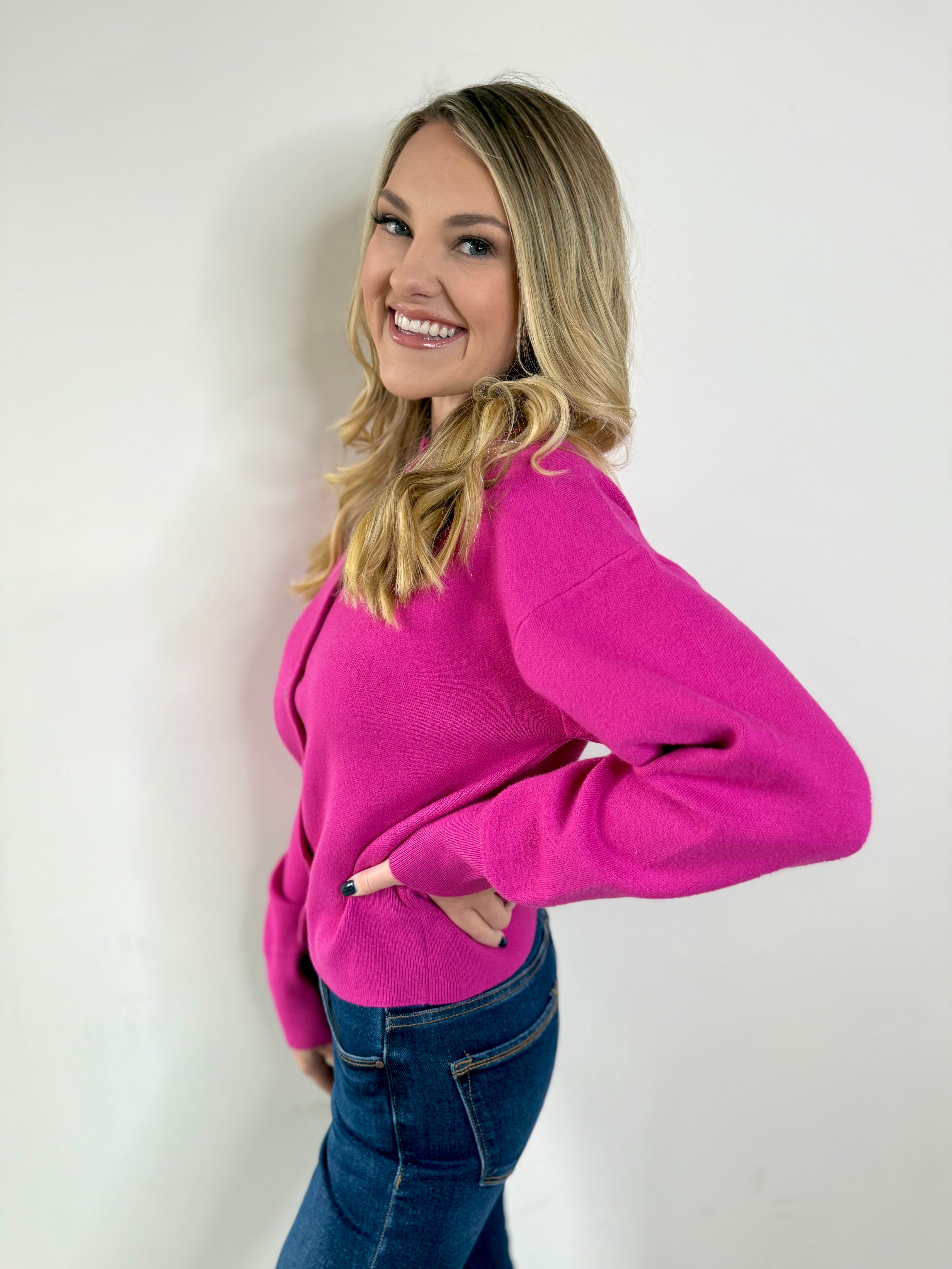 Maggie Round Neck Cardigan - Magenta