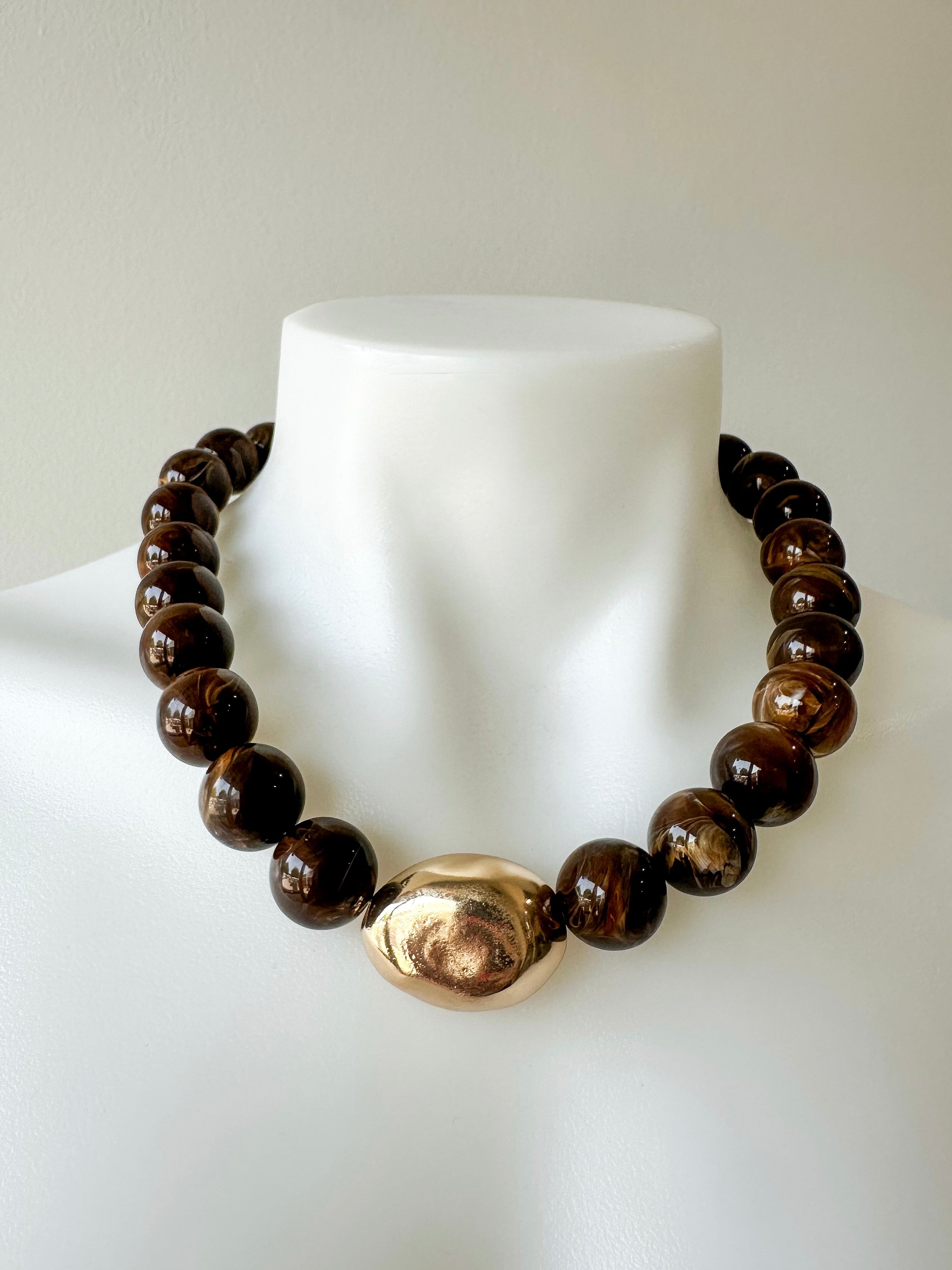 Marble Stone Ball & Accent Necklace Brown