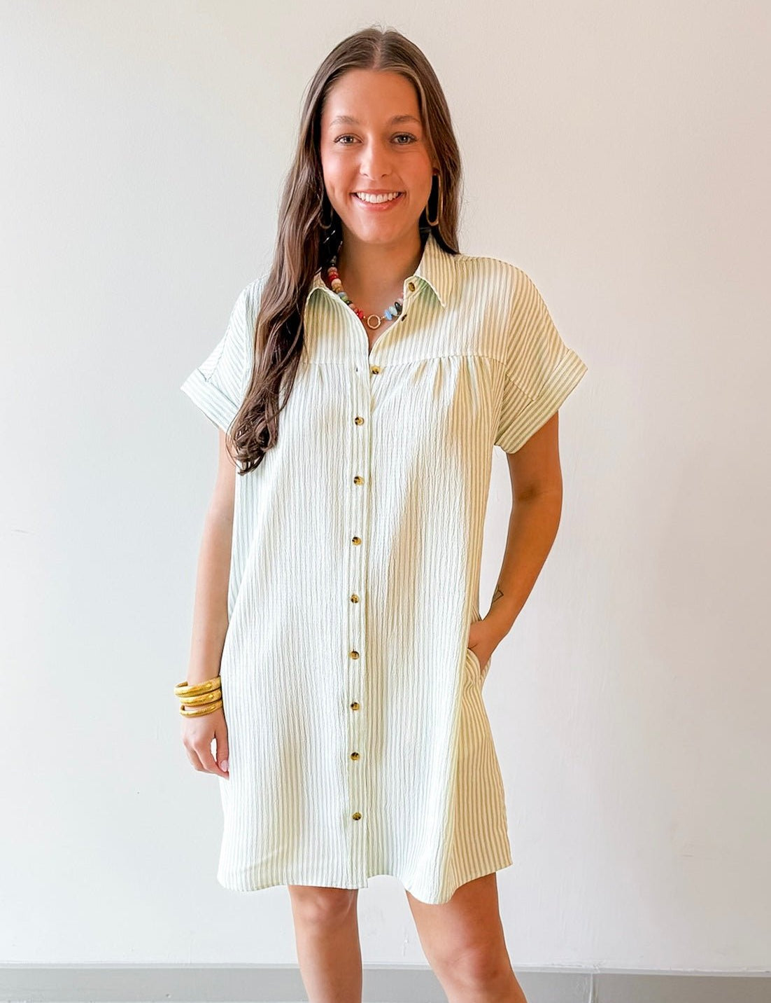 Merlie Striped Shirt Dress - Sage