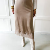 Midi Skirt With Lace Trim Hem - Taupe