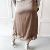 Midi Skirt With Lace Trim Hem - Taupe