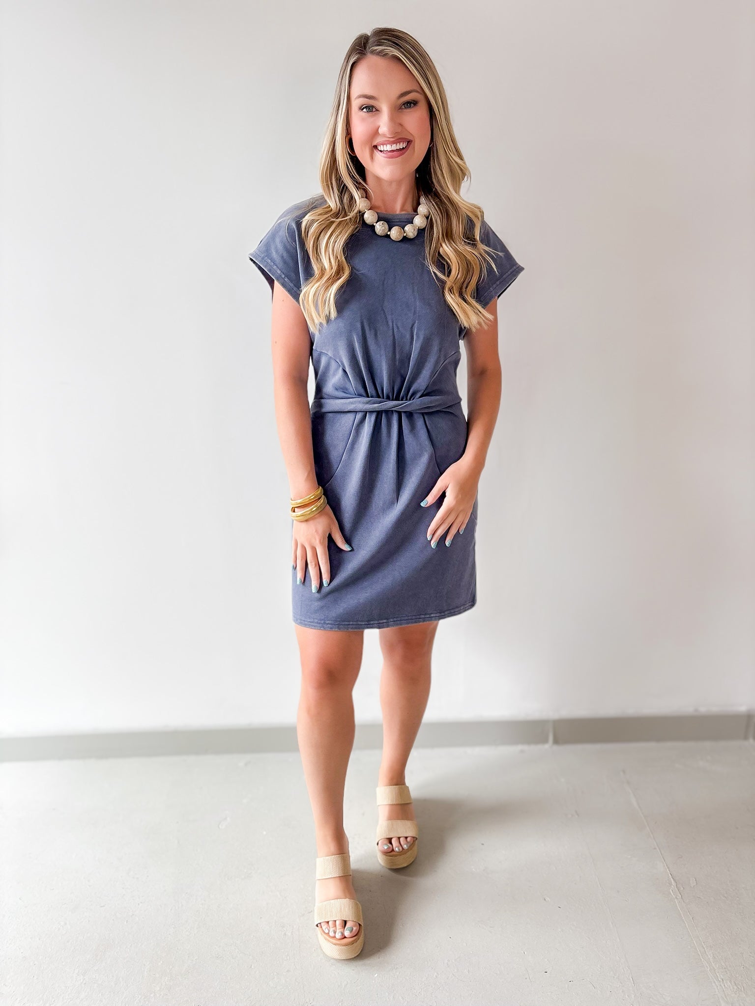 Mineral Wash Twist Terry Dress- Denim