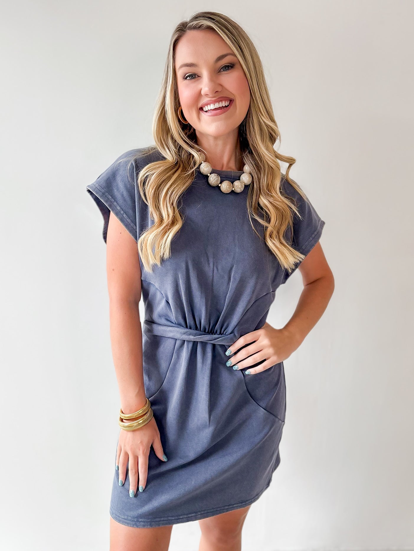 Mineral Wash Twist Terry Dress- Denim