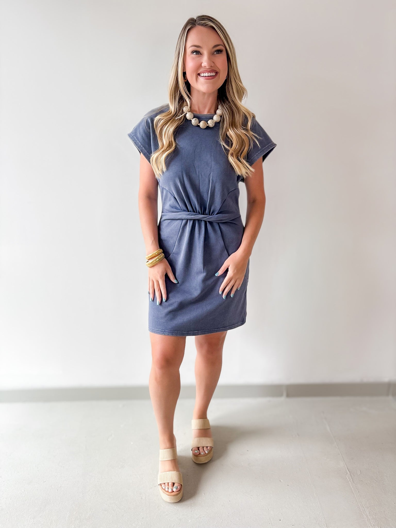Mineral Wash Twist Terry Dress- Denim