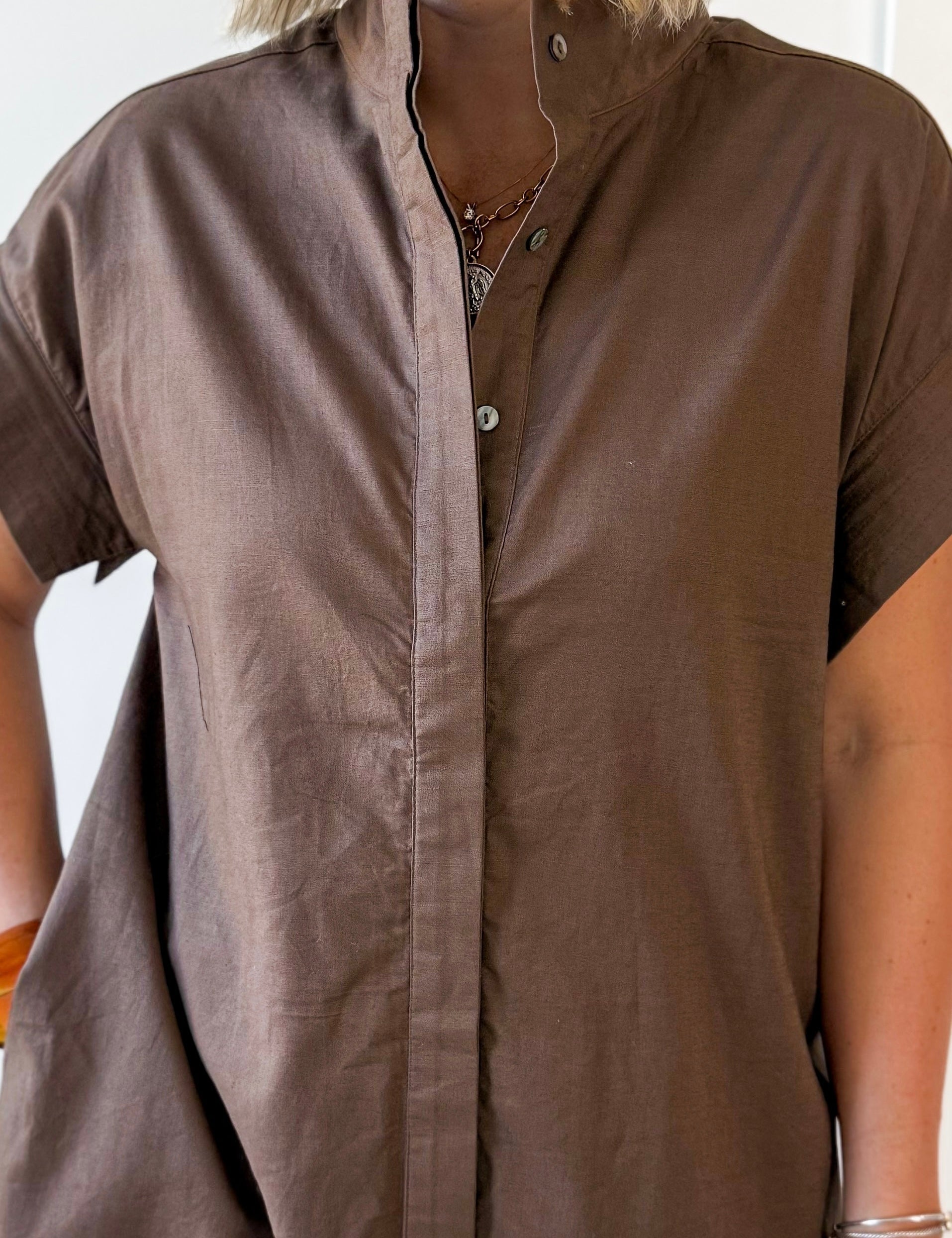 Mini Dress With Hidden Button Placket- Brown