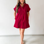 Mini Dress with Hidden Button Placket- Merlot