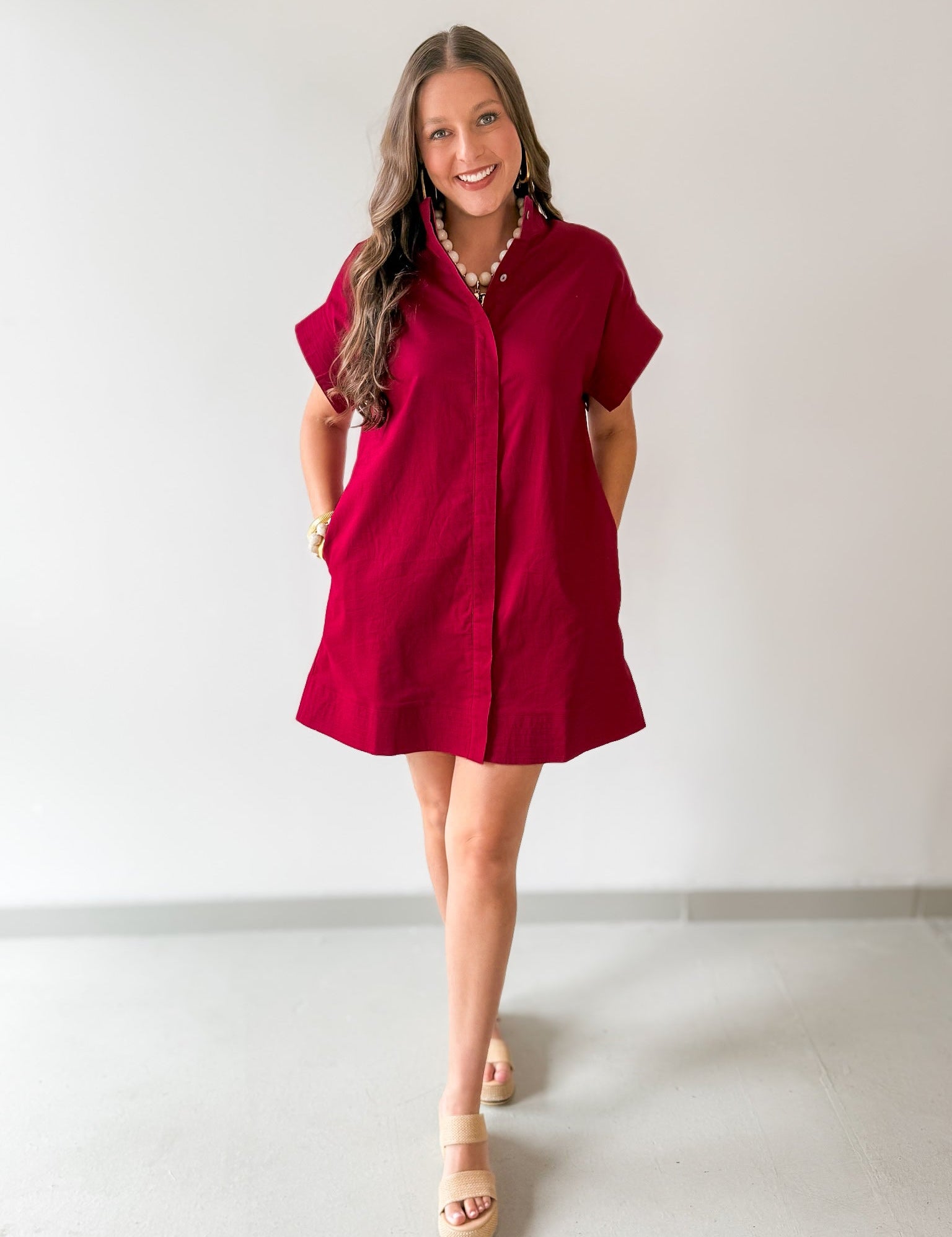 Mini Dress with Hidden Button Placket- Merlot