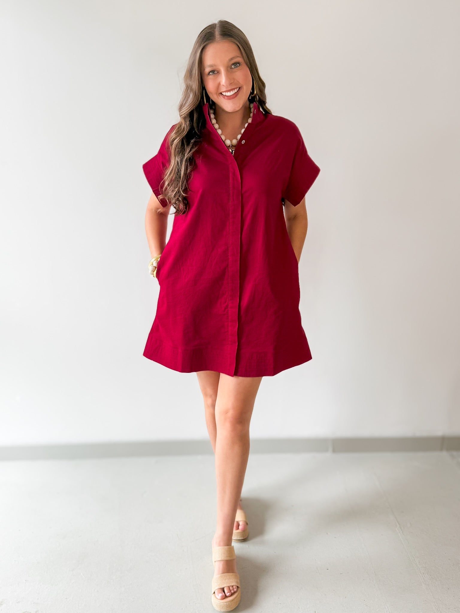Mini Dress with Hidden Button Placket- Merlot