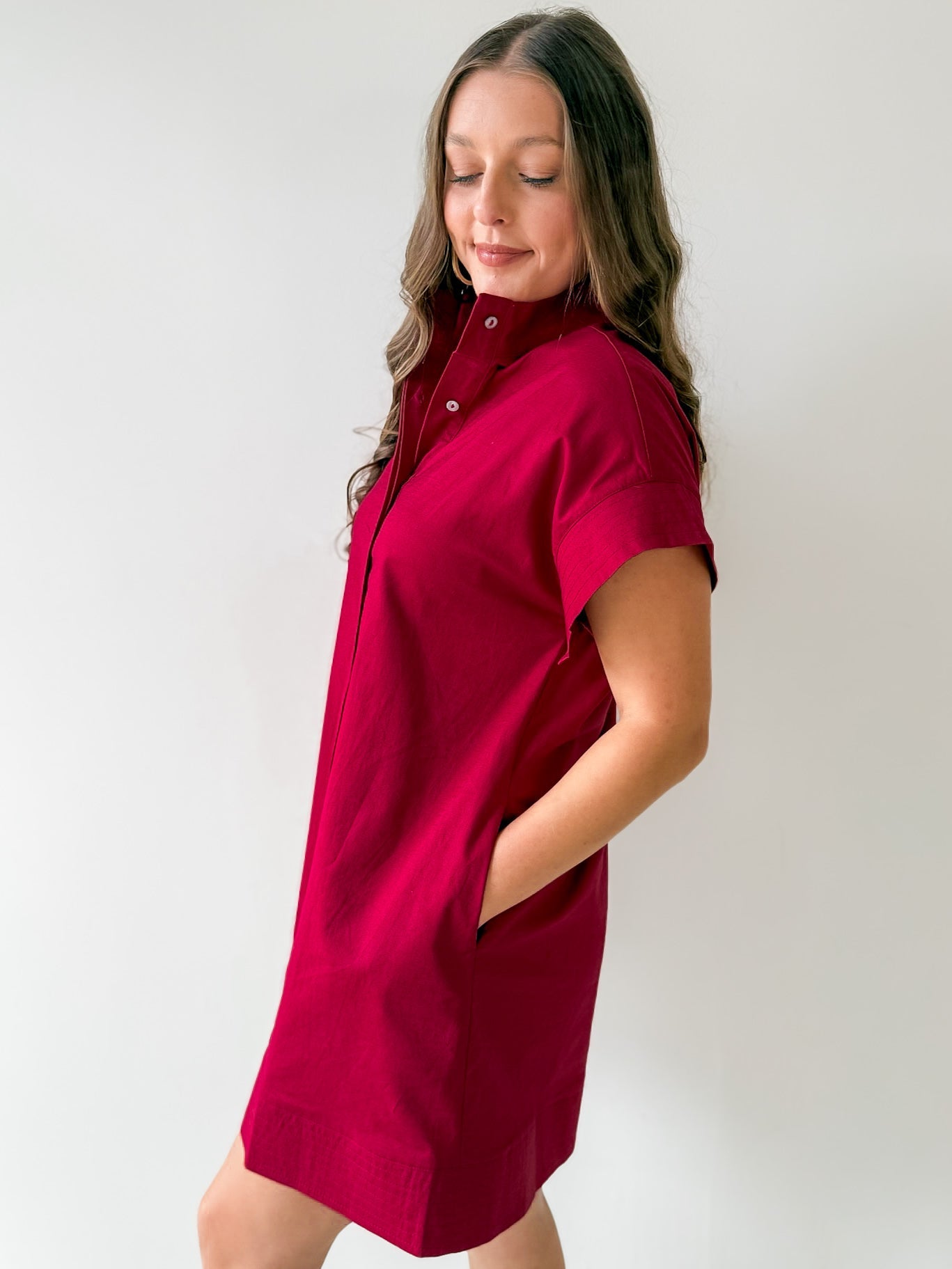 Mini Dress with Hidden Button Placket- Merlot