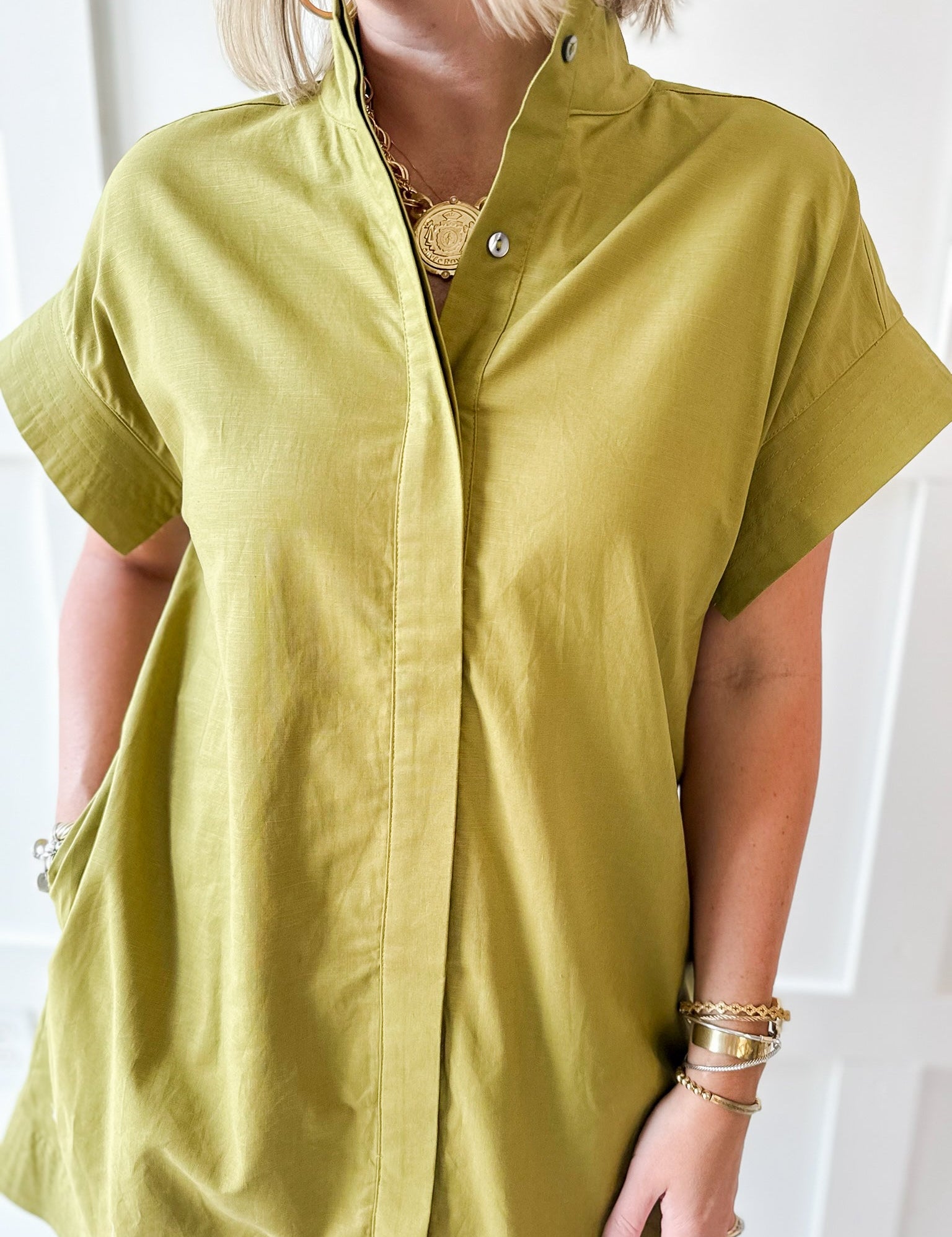 Mini Dress With Hidden Button Placket- Olive