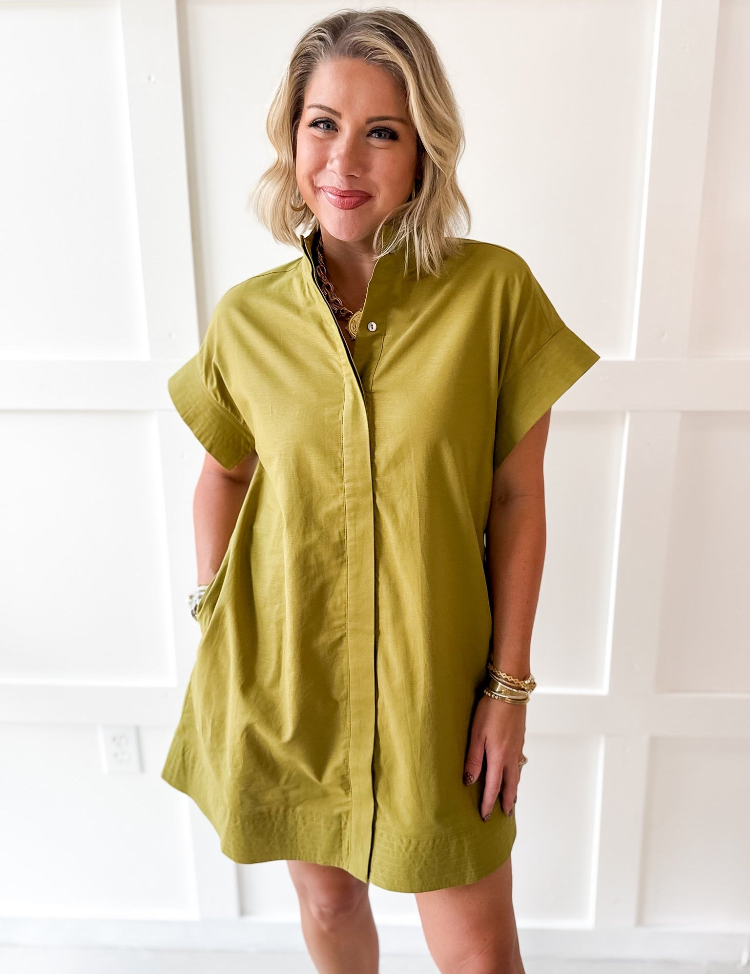Mini Dress With Hidden Button Placket- Olive