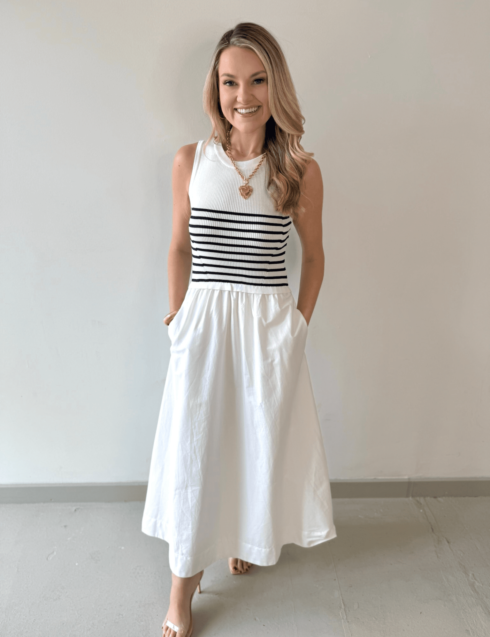 Mixed Media Midi Dress - White/Navy