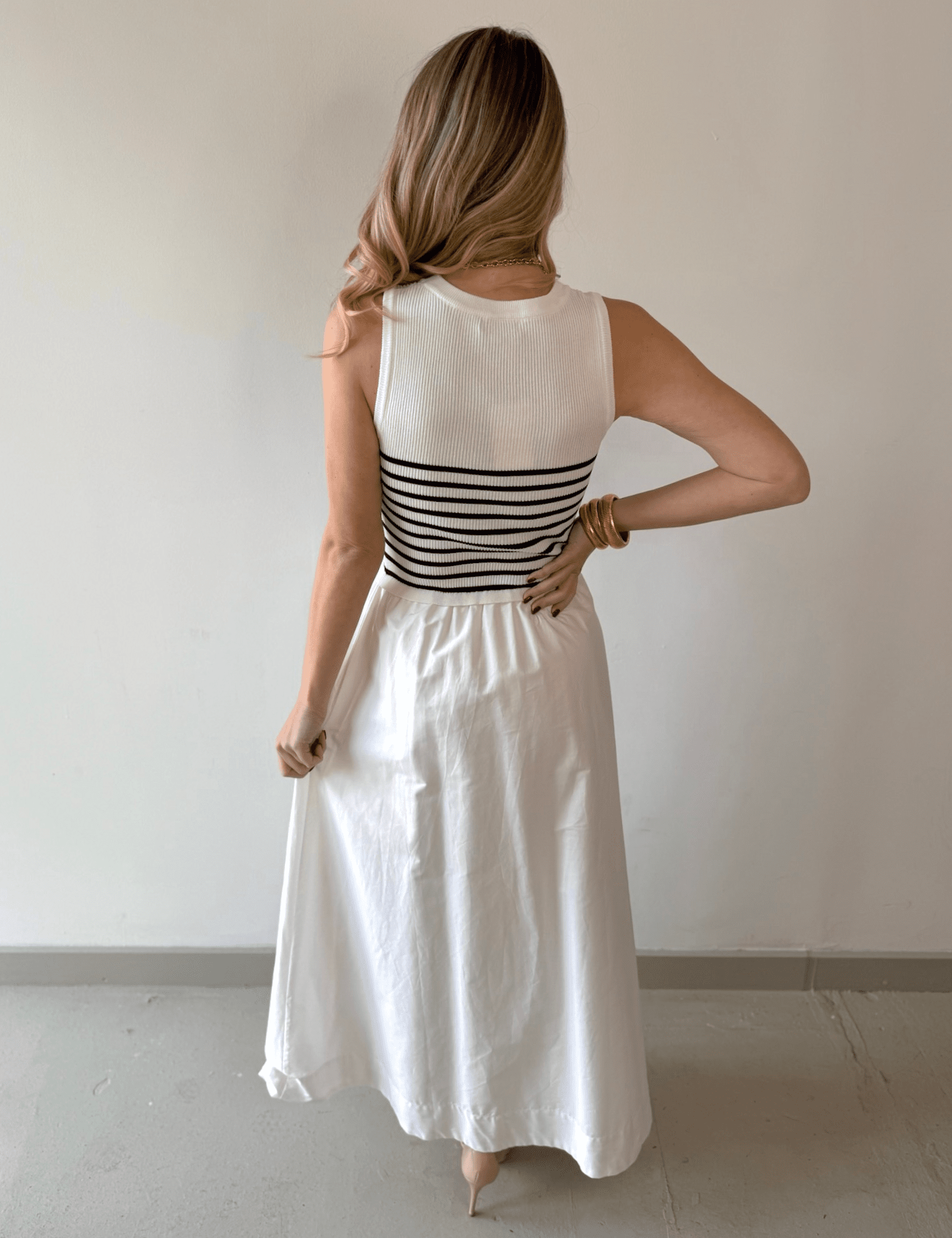 Mixed Media Midi Dress - White/Navy