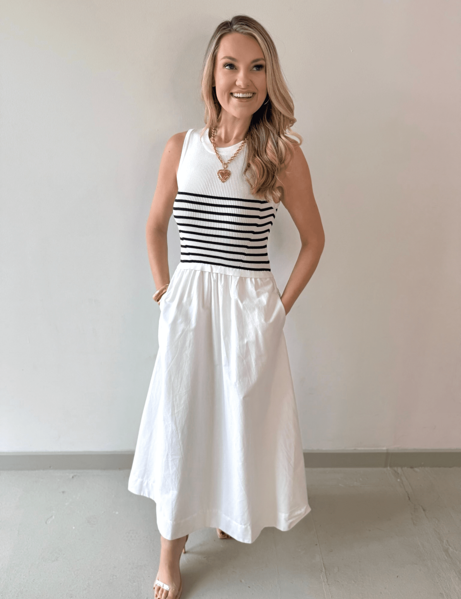 Mixed Media Midi Dress - White/Navy