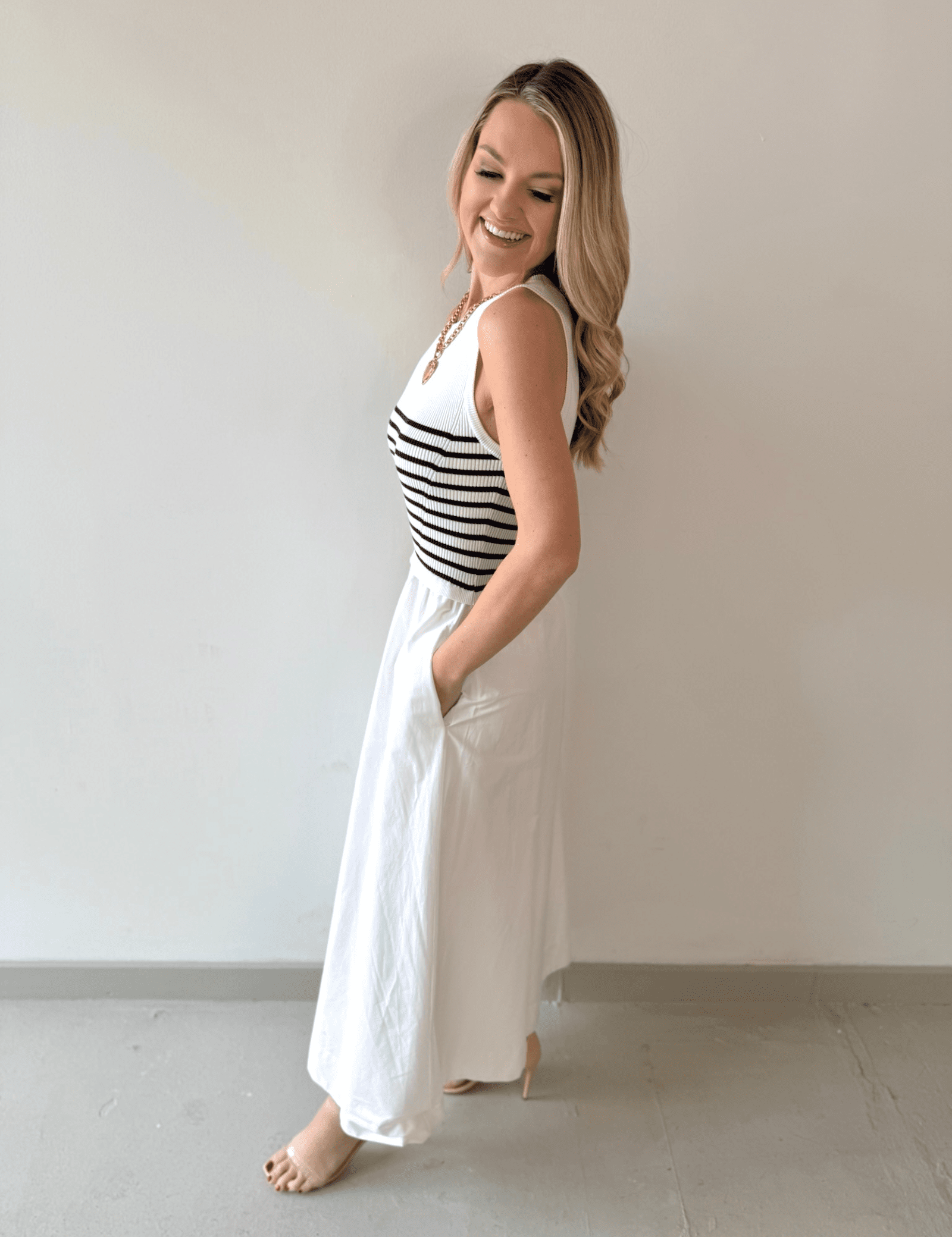 Mixed Media Midi Dress - White/Navy