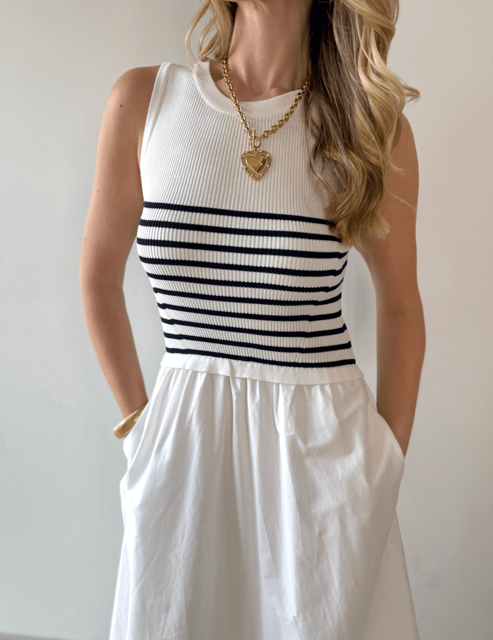 Mixed Media Midi Dress - White/Navy