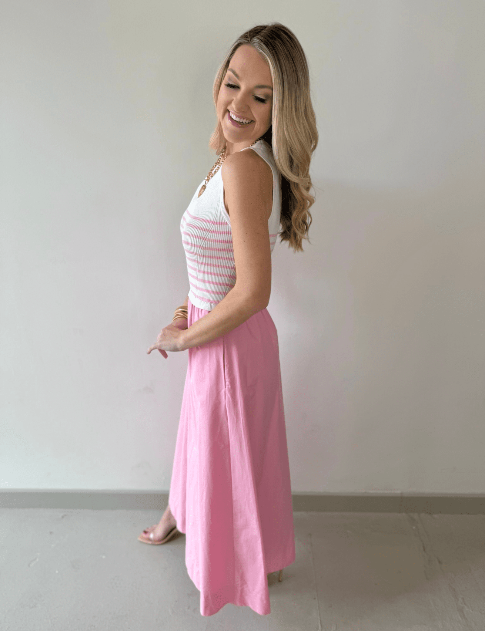 Mixed Media Midi Dress - White/Pink