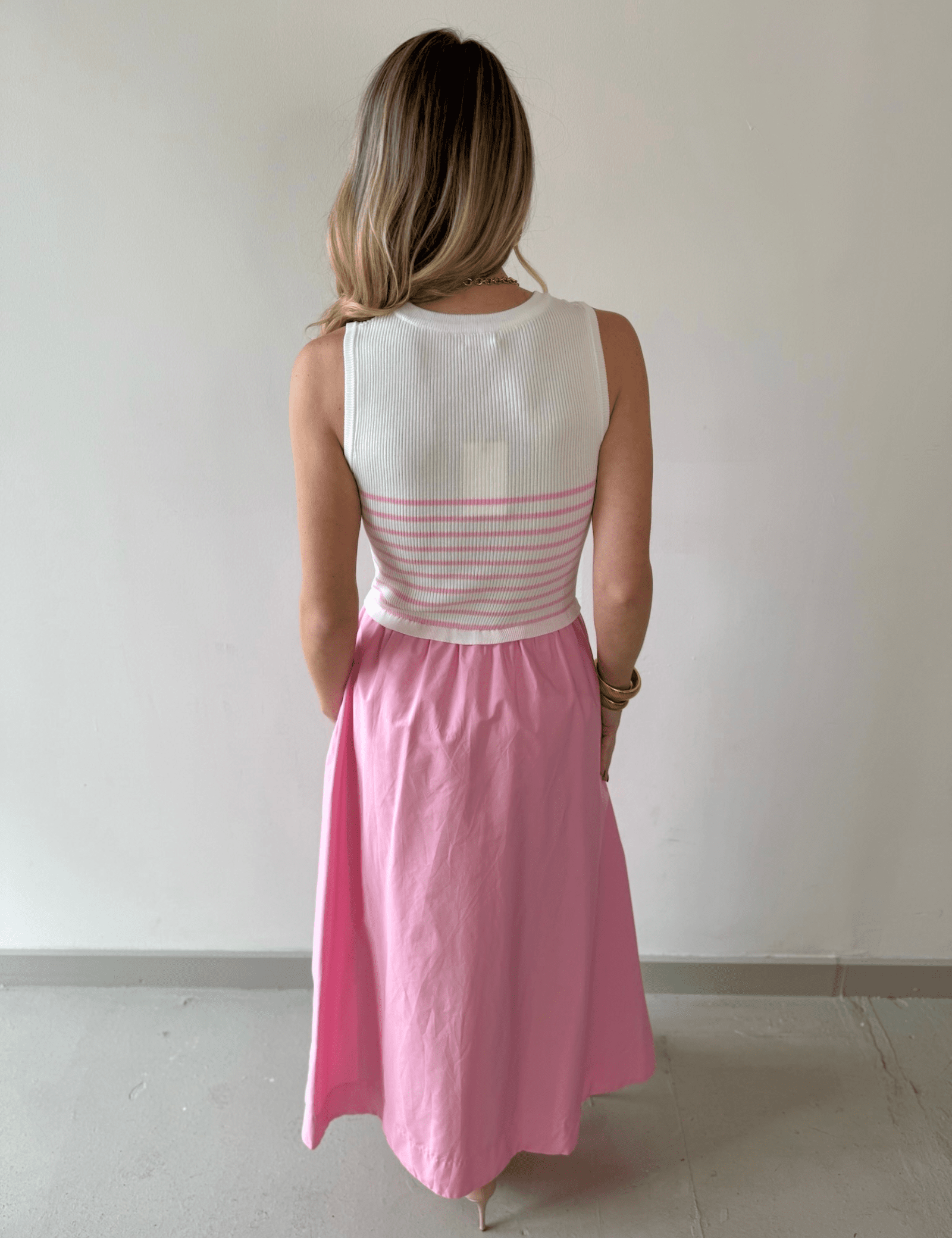 Mixed Media Midi Dress - White/Pink