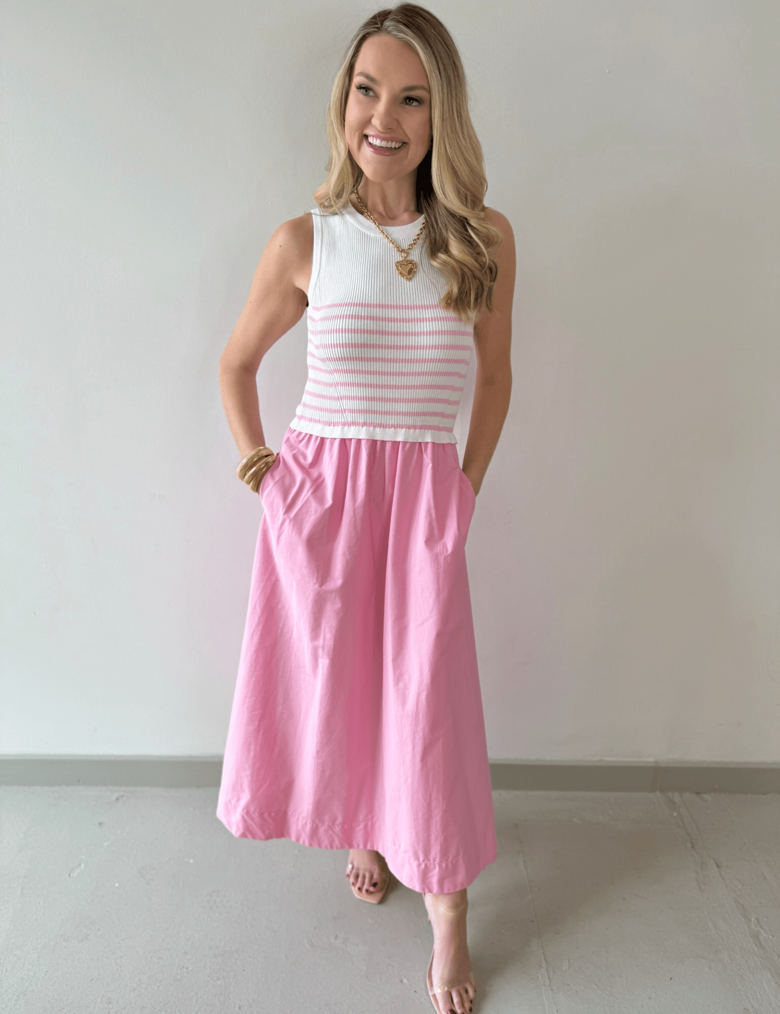 Mixed Media Midi Dress - White/Pink