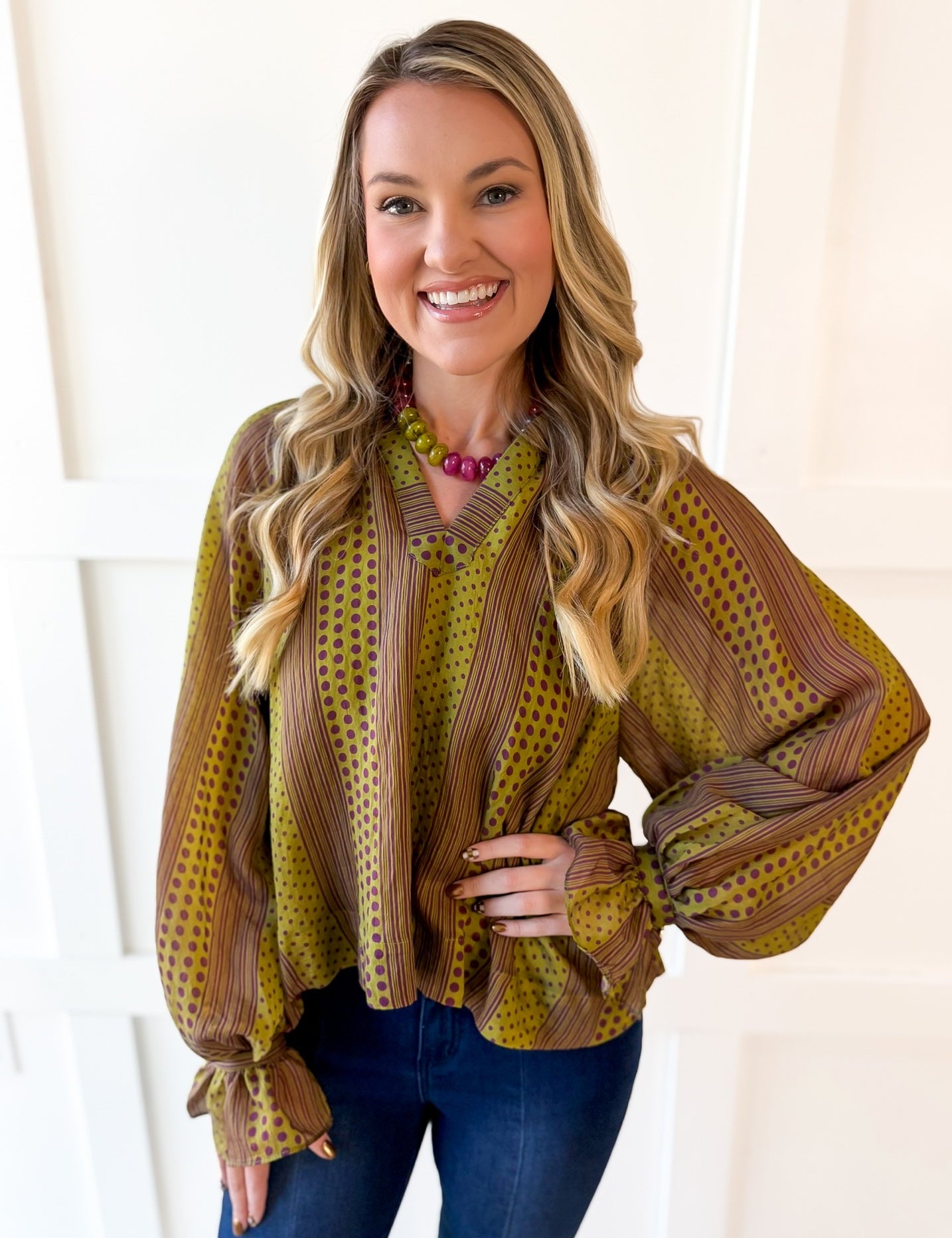 Mixed Stripe & Polka Dot Top - Olive