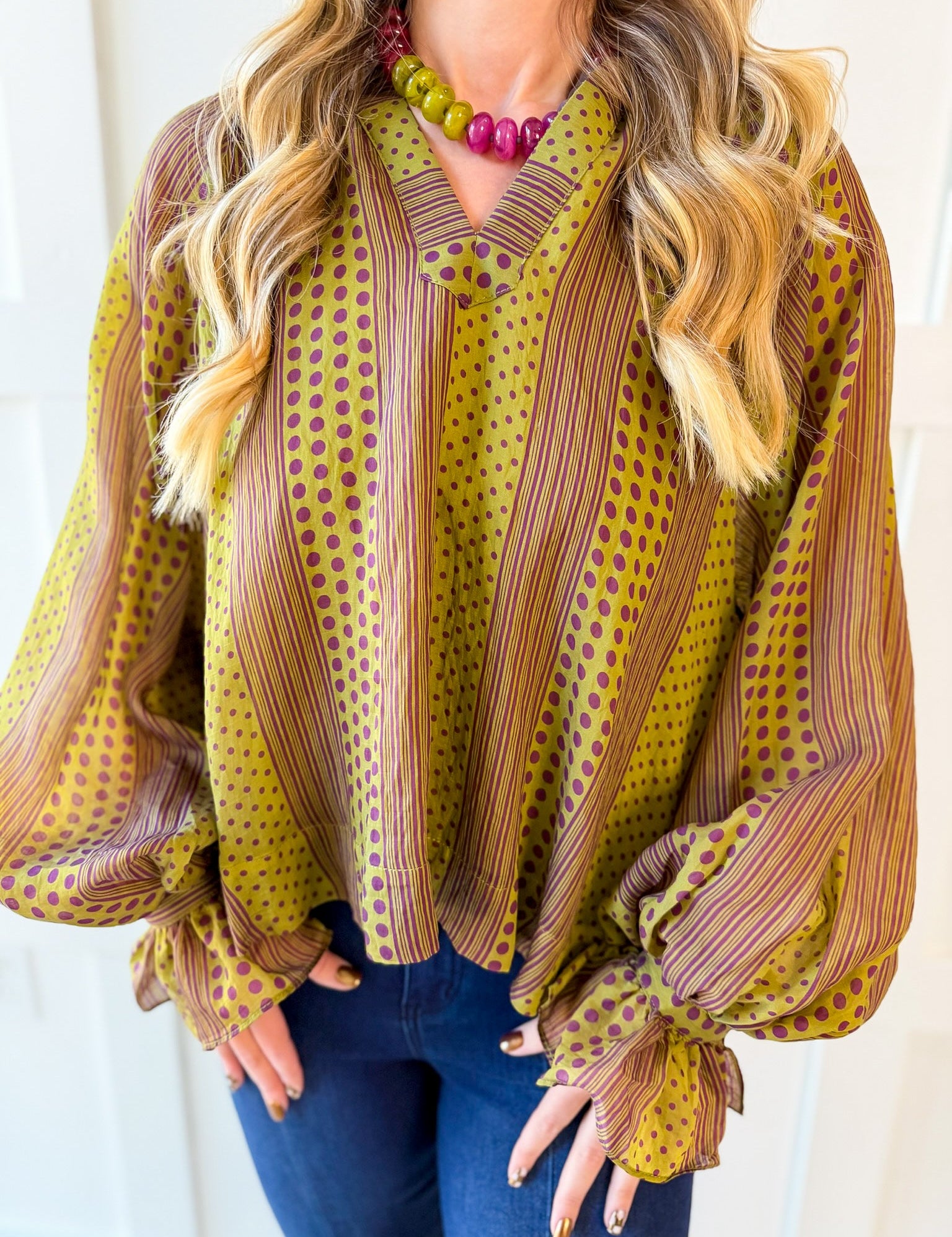 Mixed Stripe & Polka Dot Top - Olive