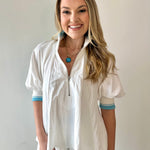 Mock Neck Band Puff Top - White