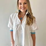 Mock Neck Band Puff Top - White