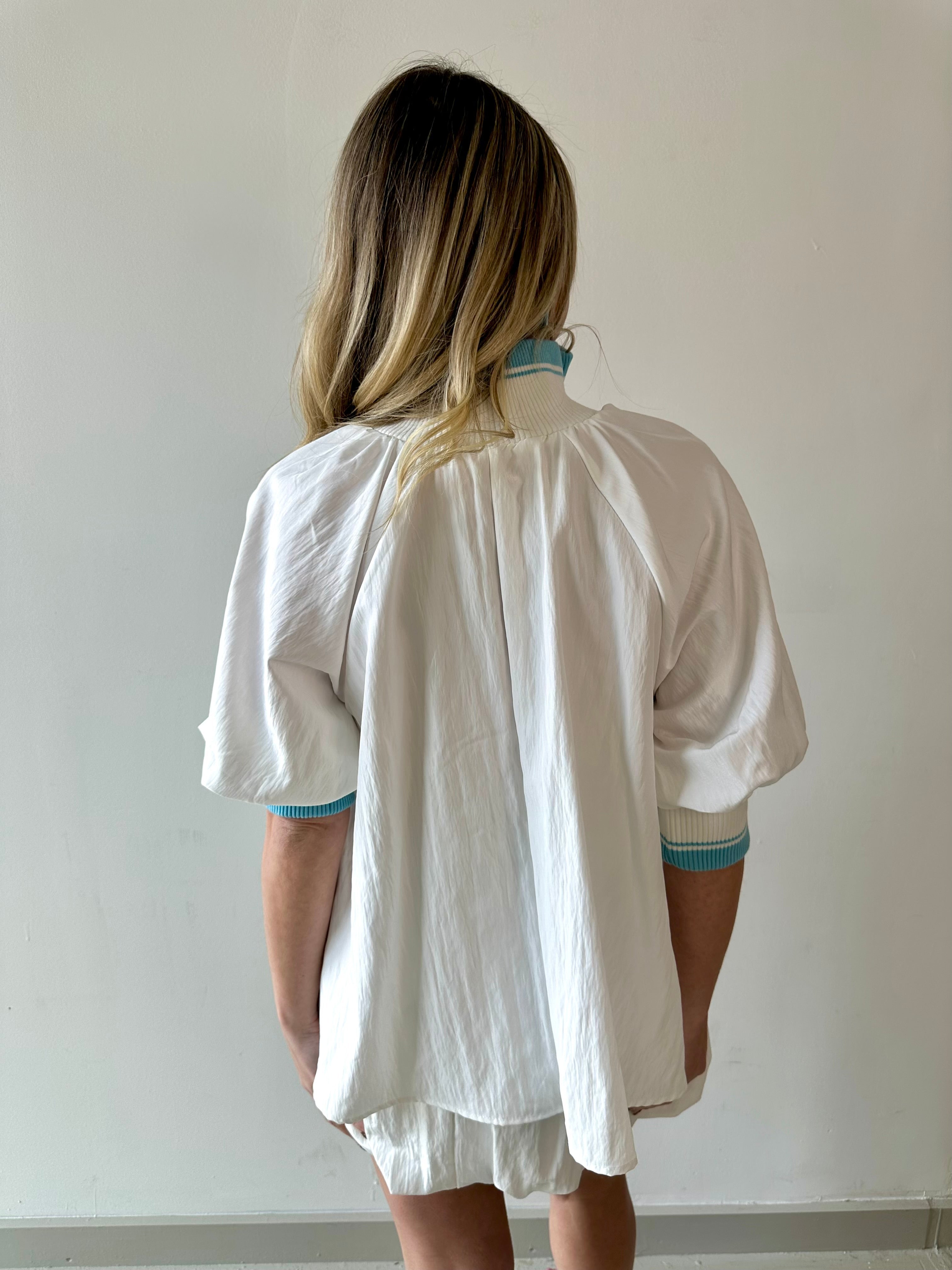 Mock Neck Band Puff Top - White