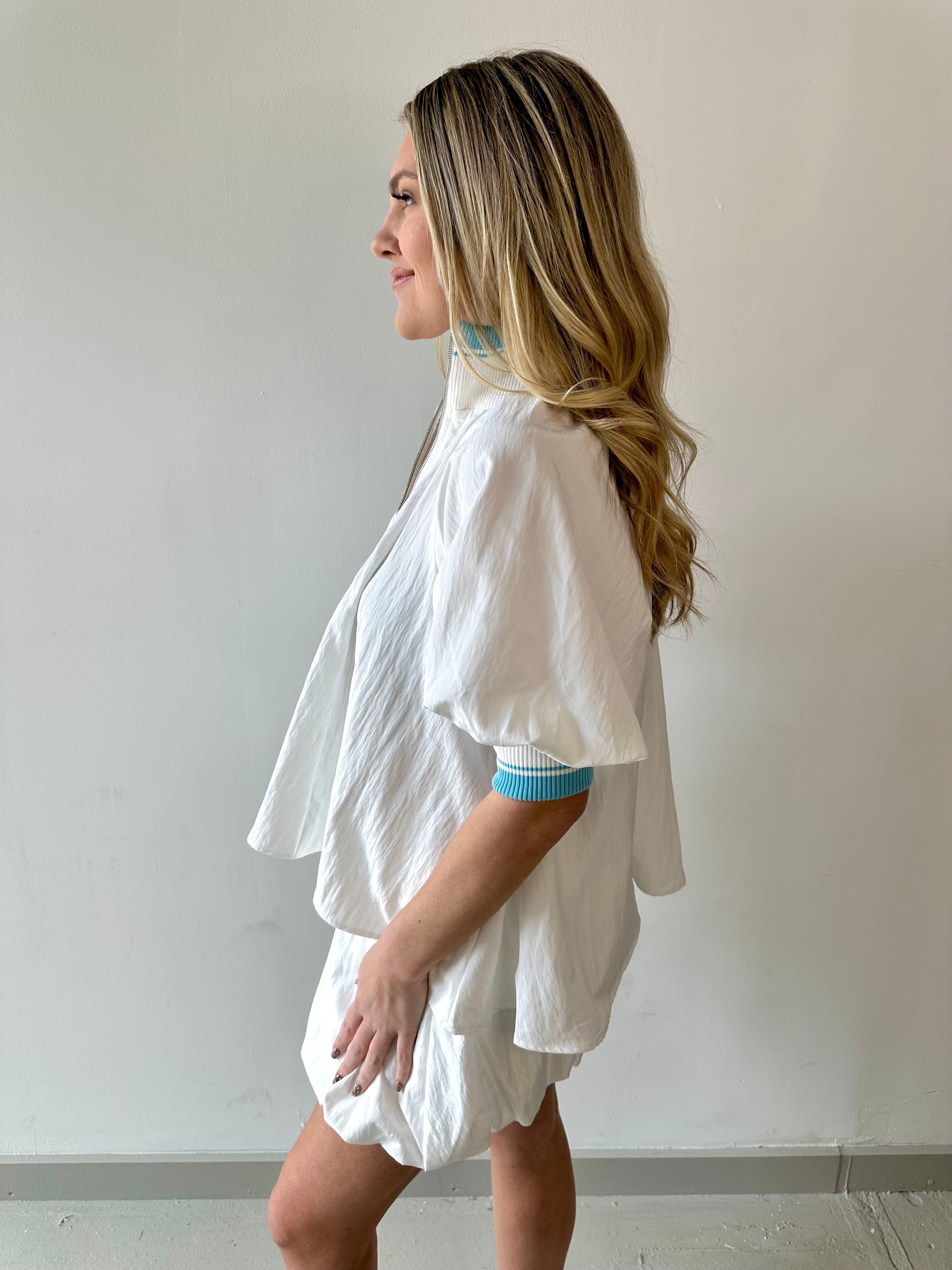 Mock Neck Band Puff Top - White