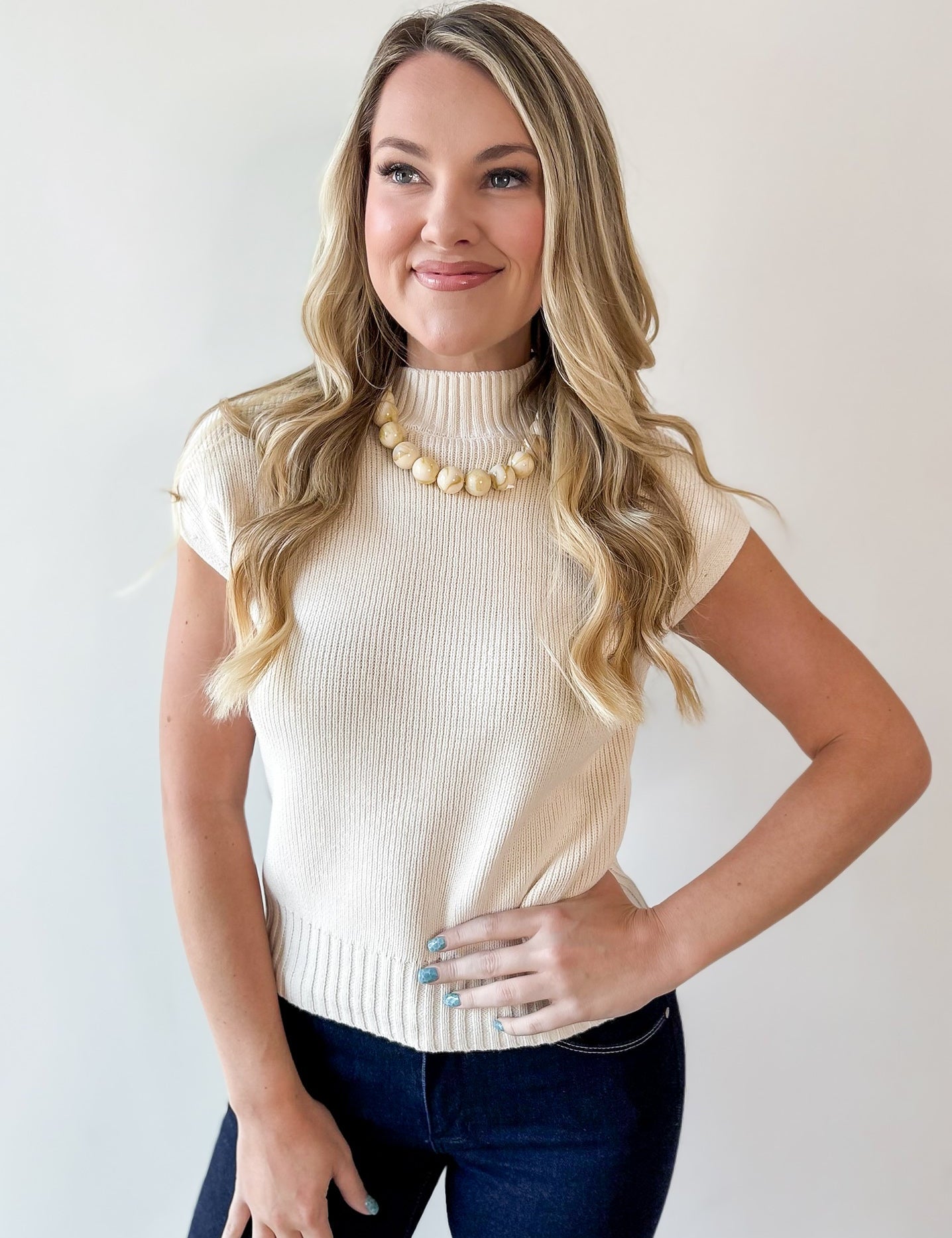 Mock Neck Extended Knit Top - Oatmeal