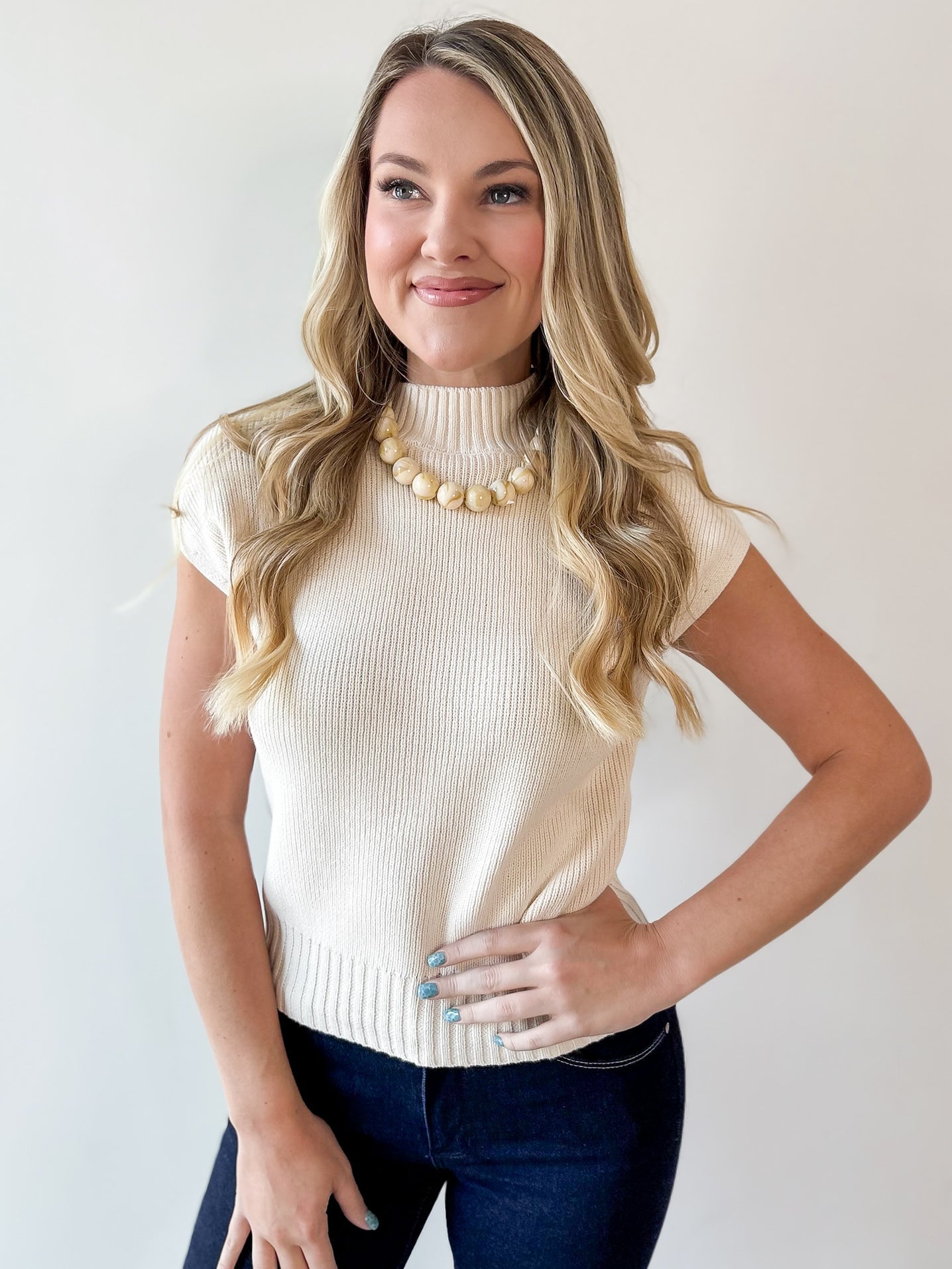 Mock Neck Extended Knit Top - Oatmeal