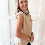 Mock Neck Shoulder Pleated Top - Beige