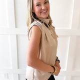 Mock Neck Shoulder Pleated Top - Beige