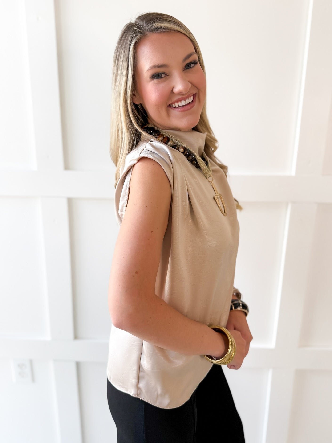Mock Neck Shoulder Pleated Top - Beige