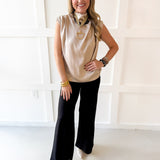 Mock Neck Shoulder Pleated Top - Beige