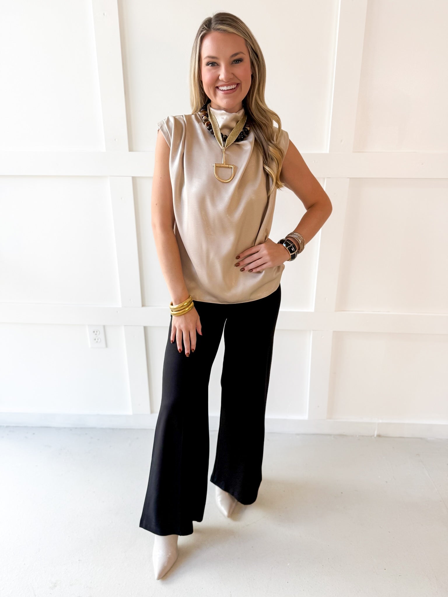 Mock Neck Shoulder Pleated Top - Beige
