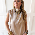 Mock Neck Shoulder Pleated Top - Beige