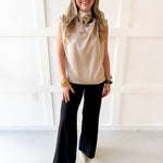 Mock Neck Shoulder Pleated Top - Beige