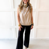 Mock Neck Shoulder Pleated Top - Beige