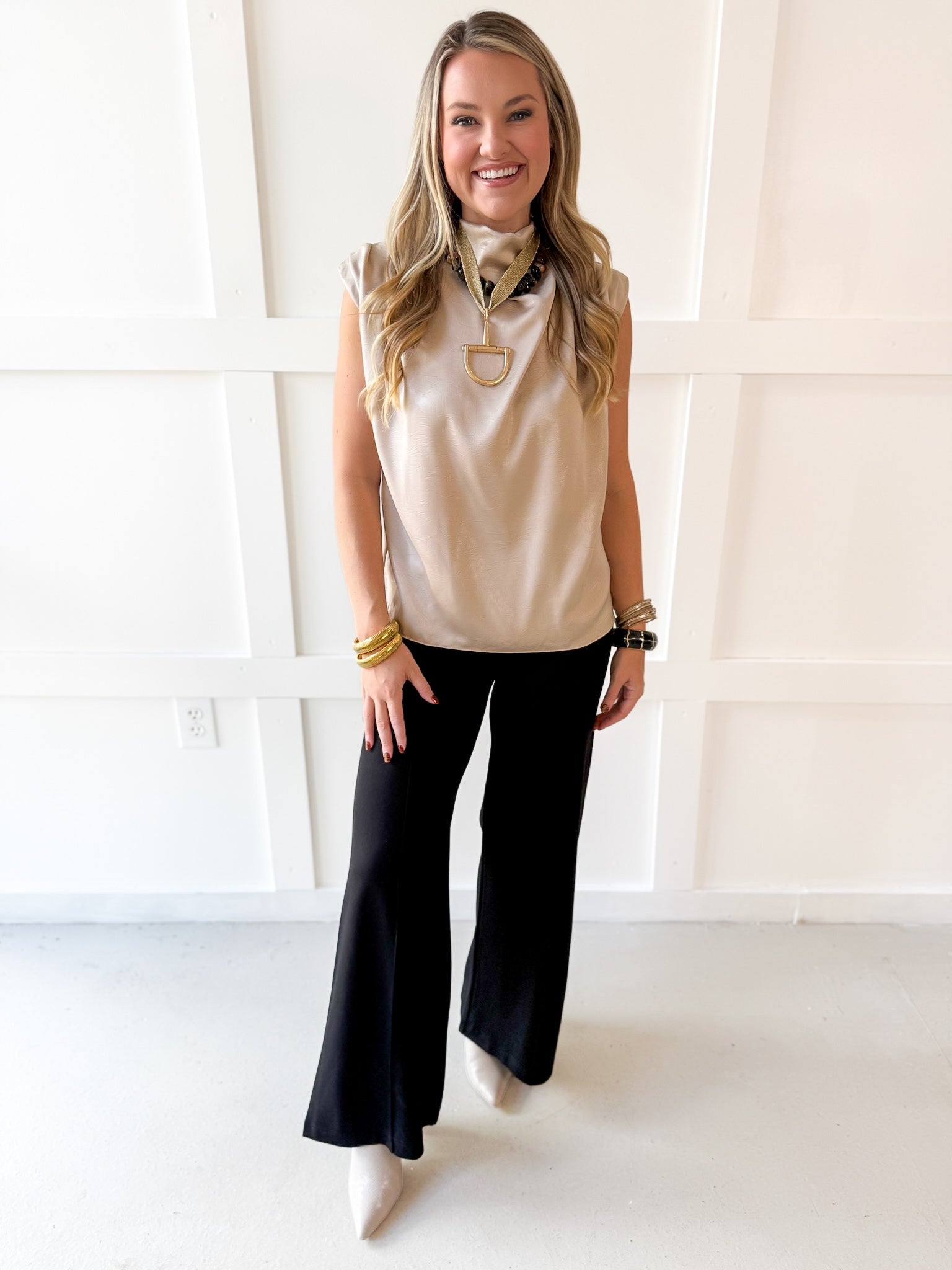 Mock Neck Shoulder Pleated Top - Beige