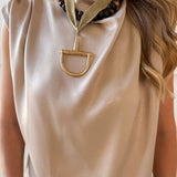 Mock Neck Shoulder Pleated Top - Beige