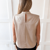 Mock Neck Shoulder Pleated Top - Beige