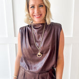 Mock Neck Sleeveless Bubble Top- Brown